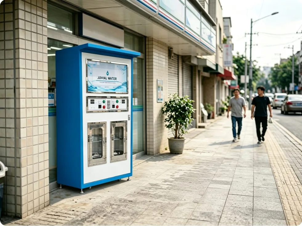 JOVIAL WATER two-door water purifier vending machine installed on a real sidewalk with pedestrians and foot traffic