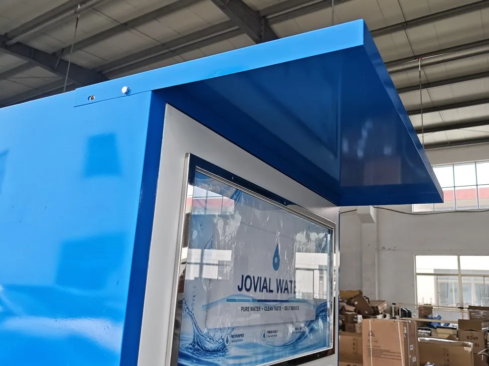 Blue canopy and display window of JOVIAL WATER vending machine, shows weather protection and advertising space for brand customization